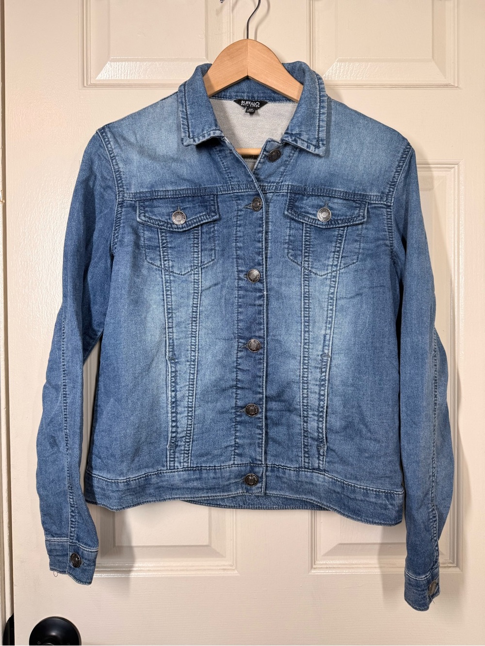 Buffalo David Bitton Womens Knit Denim Jacket Button Up Pockets Blue Wash SZ S